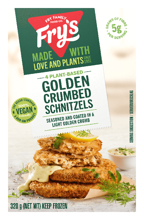 Plant-based golden crumbed schnitzels packaging