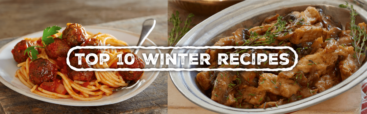 Top 10 winter recipes banner with food background